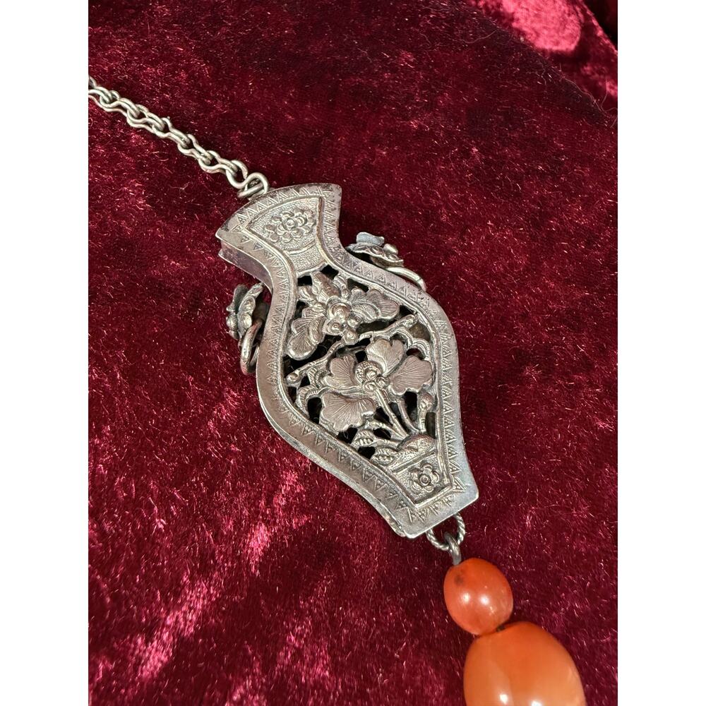 Antique Silver Needle Case Pendant Chatelaine Carnelian Bead Late Qing Dynasty - Picture 7 of 15
